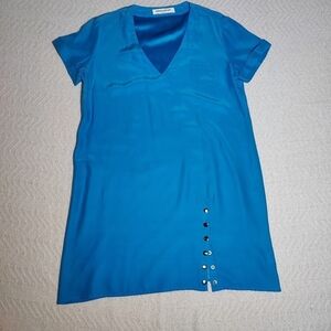 Amanda Uprichard Silk Shift mini Dress V Neck Side Slit  metal Fasteners Blue, L